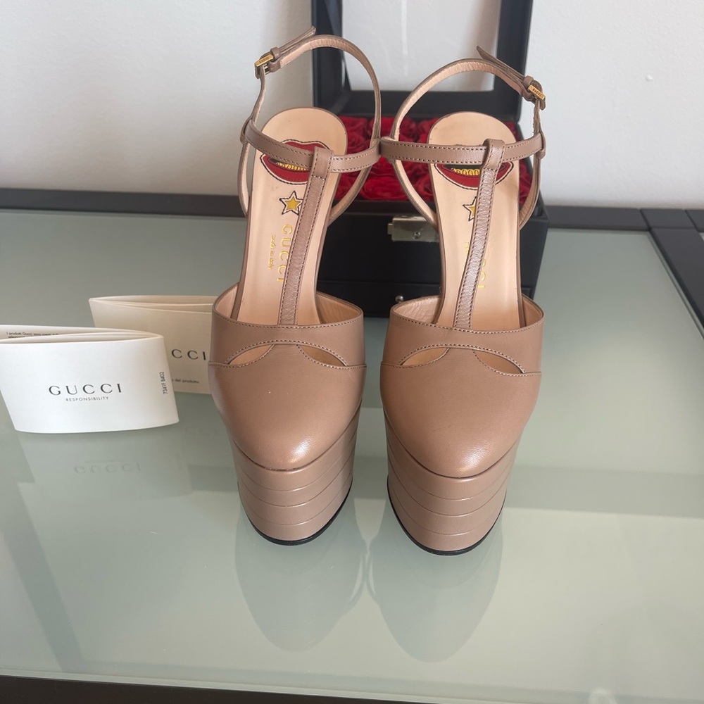 Gucci Tan Platform T-Strap Leather Sandals